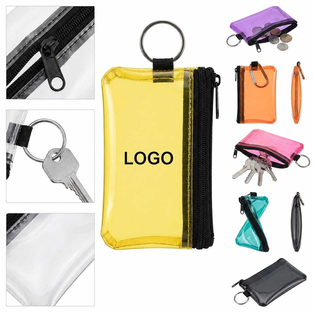 Translucent PVC Zippered Coin Pouch with Integrated Metal Split Ring